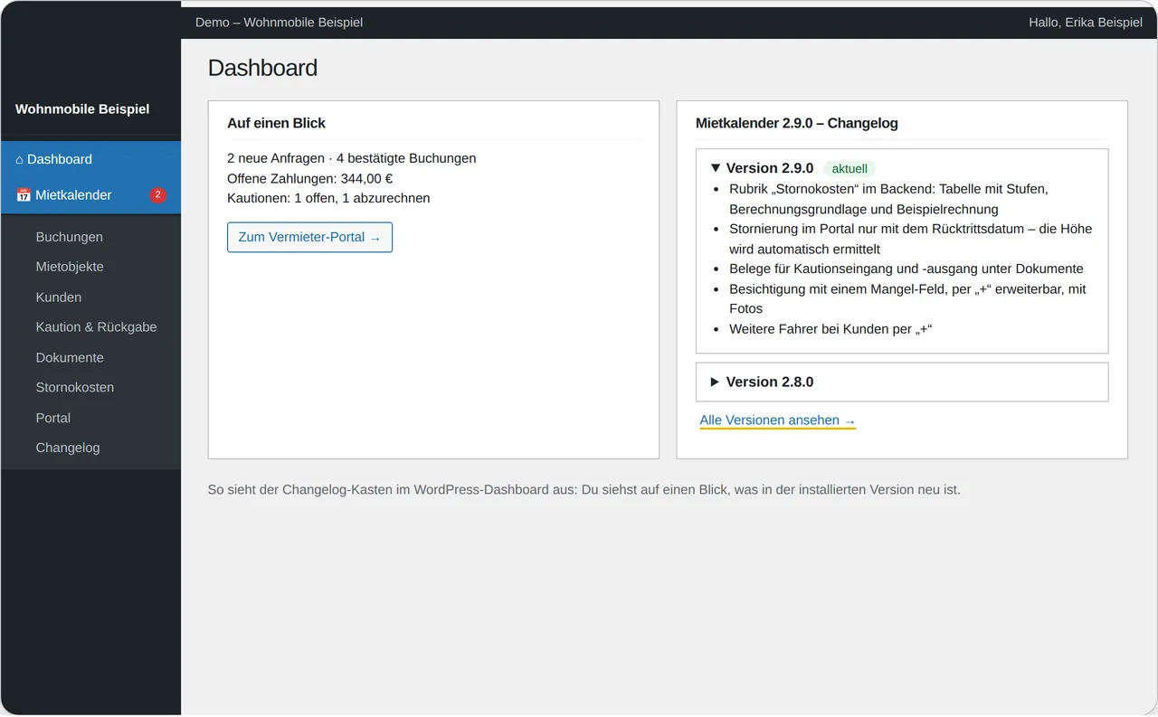 Das Dashboard: Der Changelog-Kasten zeigt, was in der installierten Version neu ist