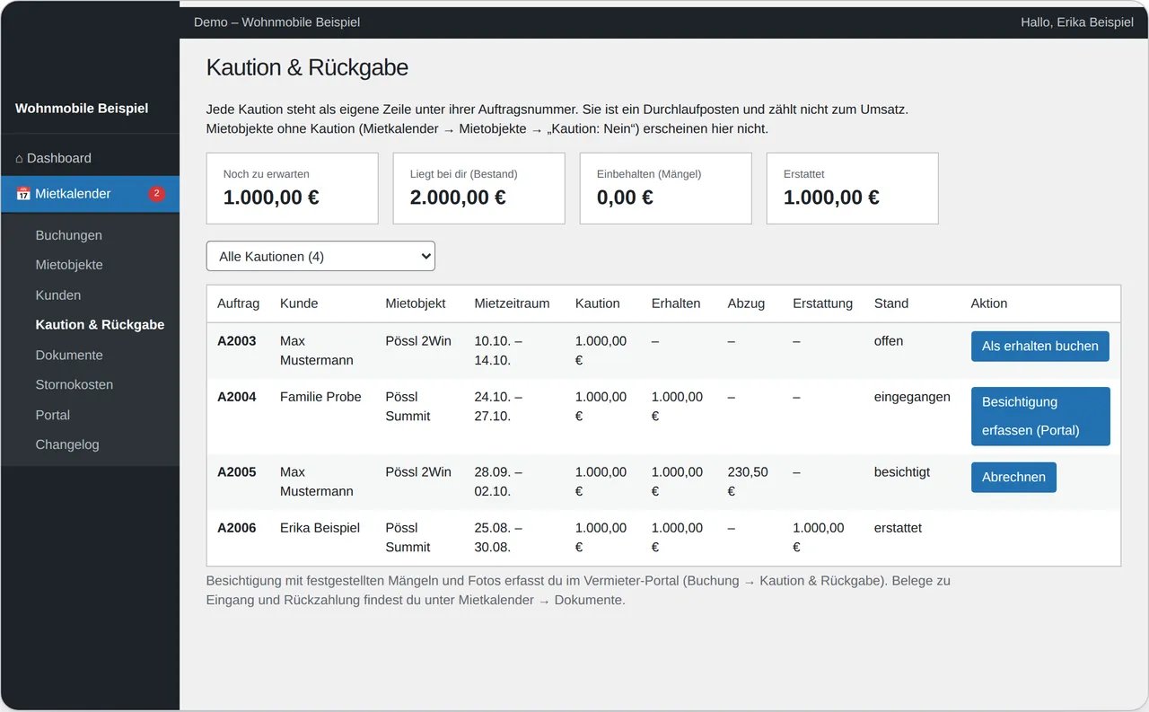 Backend: Kaution & Rückgabe mit Summen, Filter und Schnellaktionen