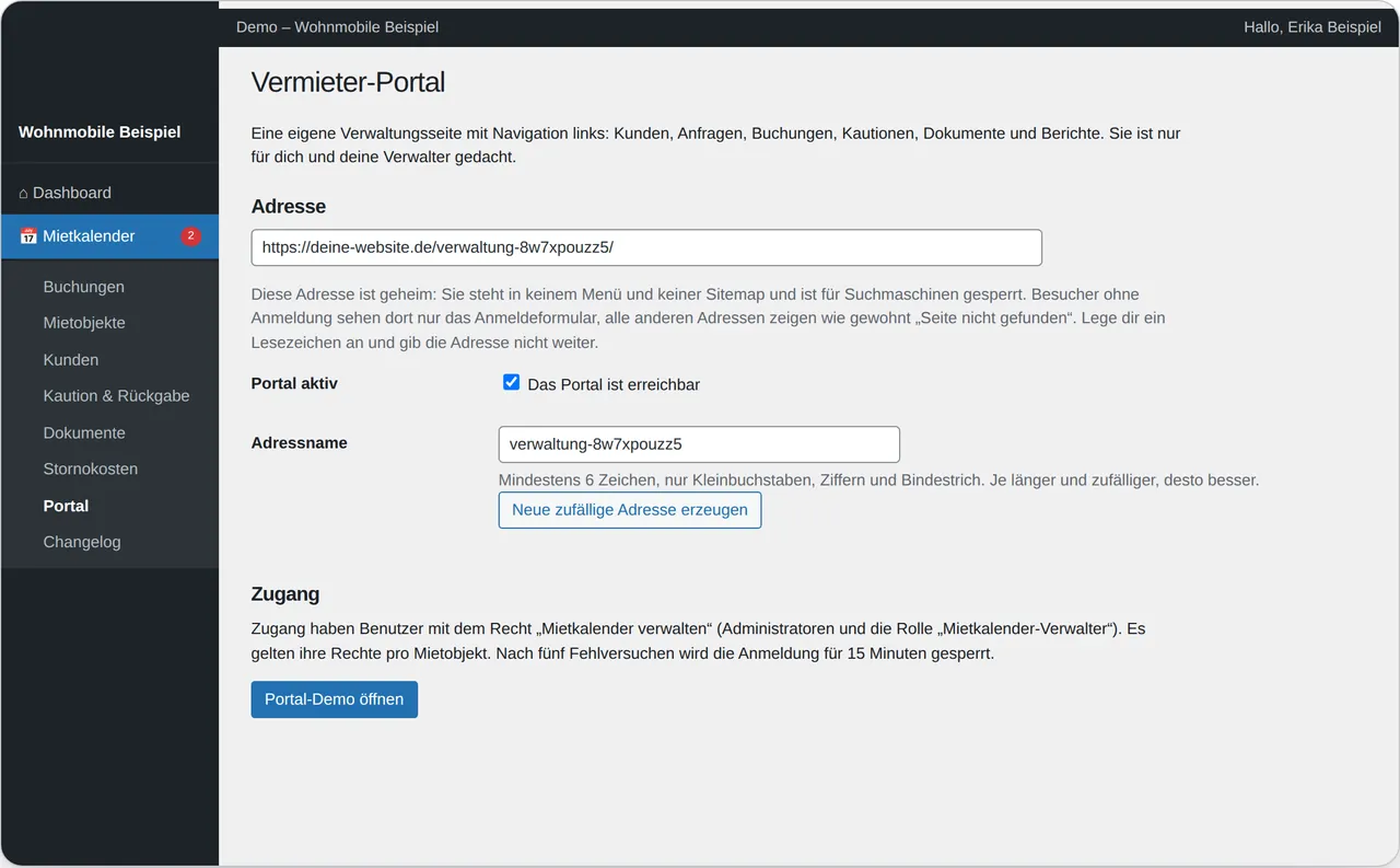 Mietkalender → Portal: Adresse, ein/aus und neue zufällige Adresse