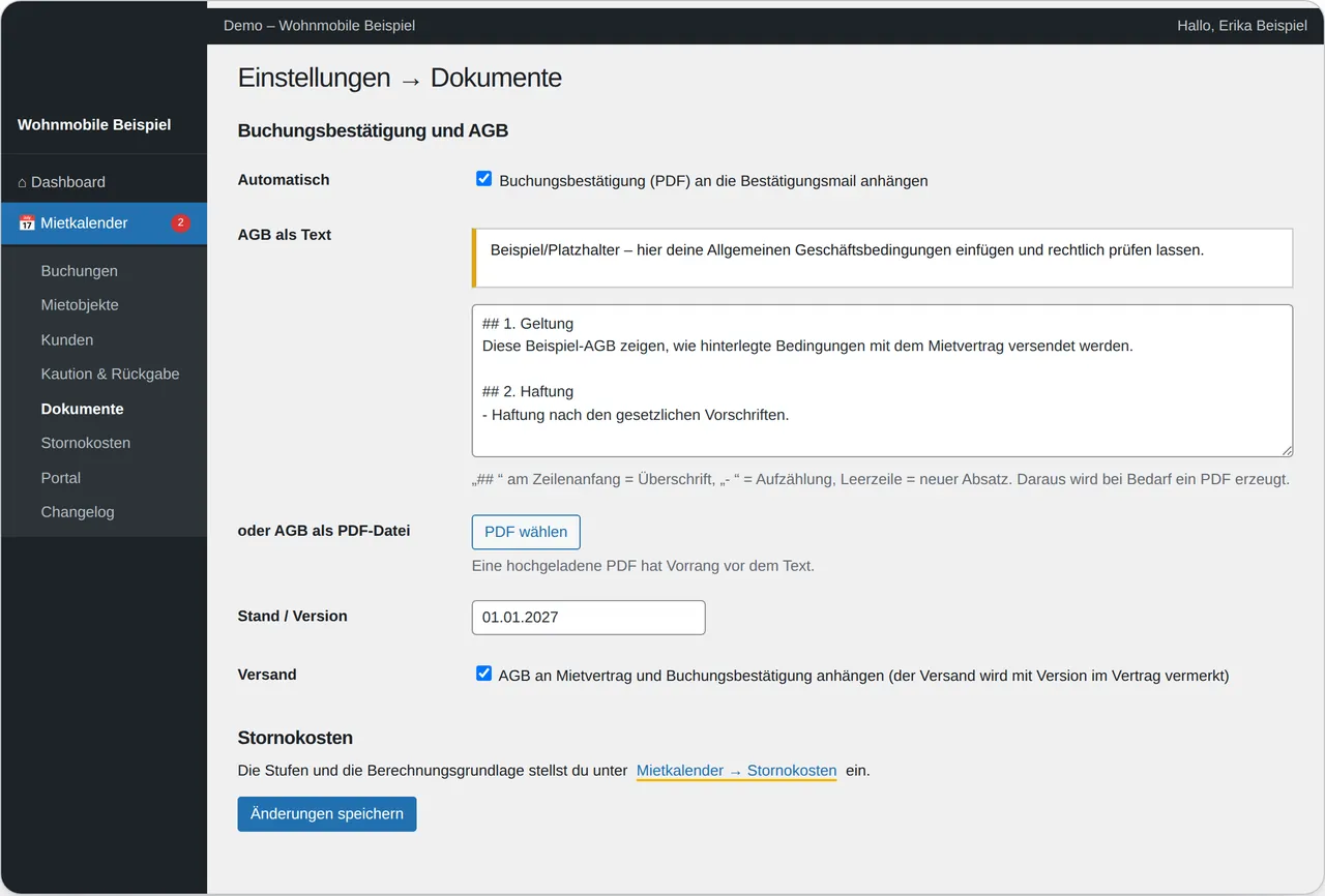 Einstellungen → Dokumente: Buchungsbestätigung, AGB (Text oder PDF), Stand und Versand