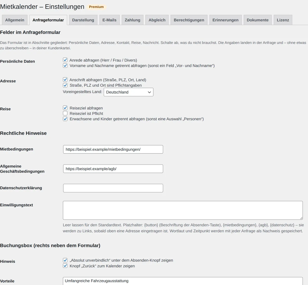 Einstellungen → Anfrageformular