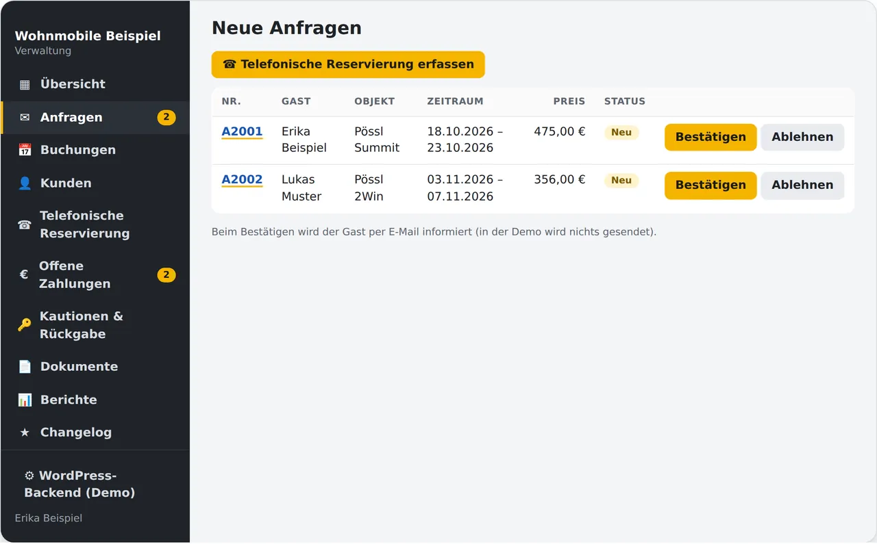 Neue Anfragen: jede Zeile hat die Knöpfe „Bestätigen“ und „Ablehnen“