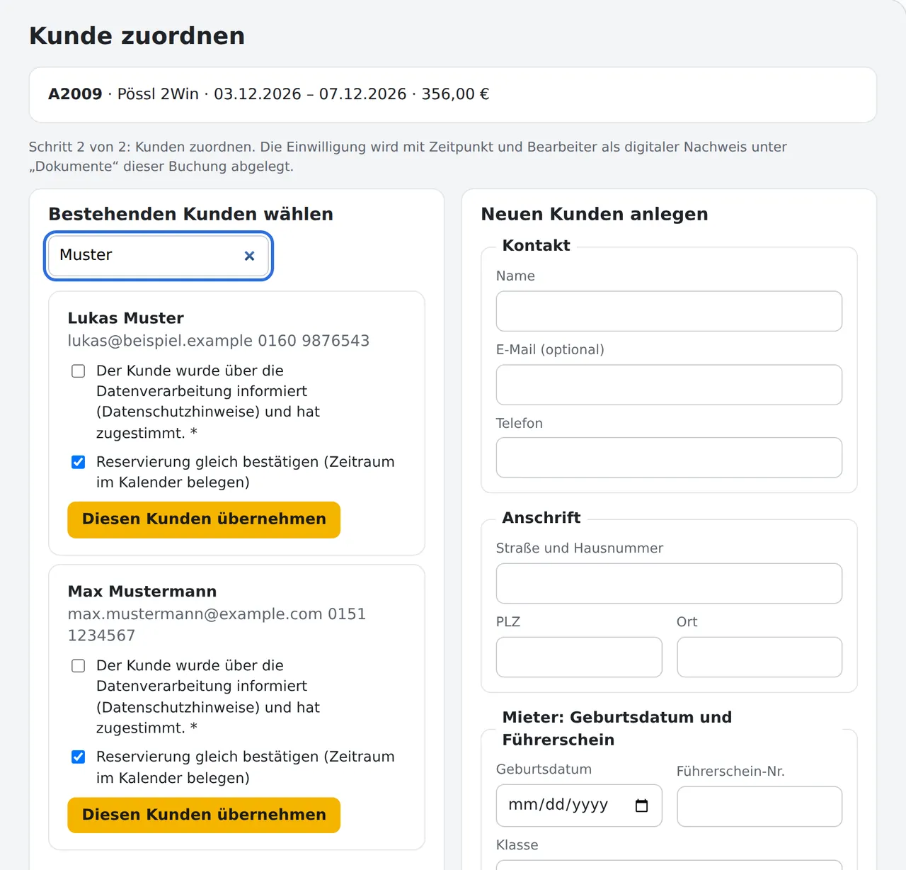 Schritt 2: bestehenden Kunden suchen oder neuen anlegen – mit Pflichthäkchen für die Einwilligung