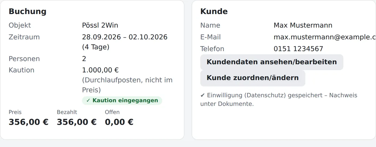 Oben: Buchung (mit Kaution als eigener Position) und Kunde