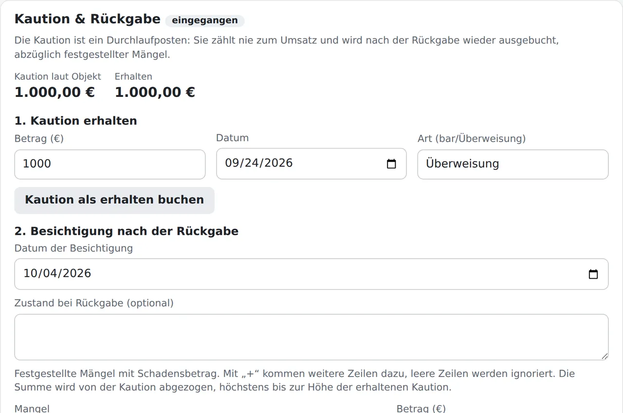 Der Kaution-Kasten: Schritt 1 „Kaution erhalten“ und Schritt 2 „Besichtigung“