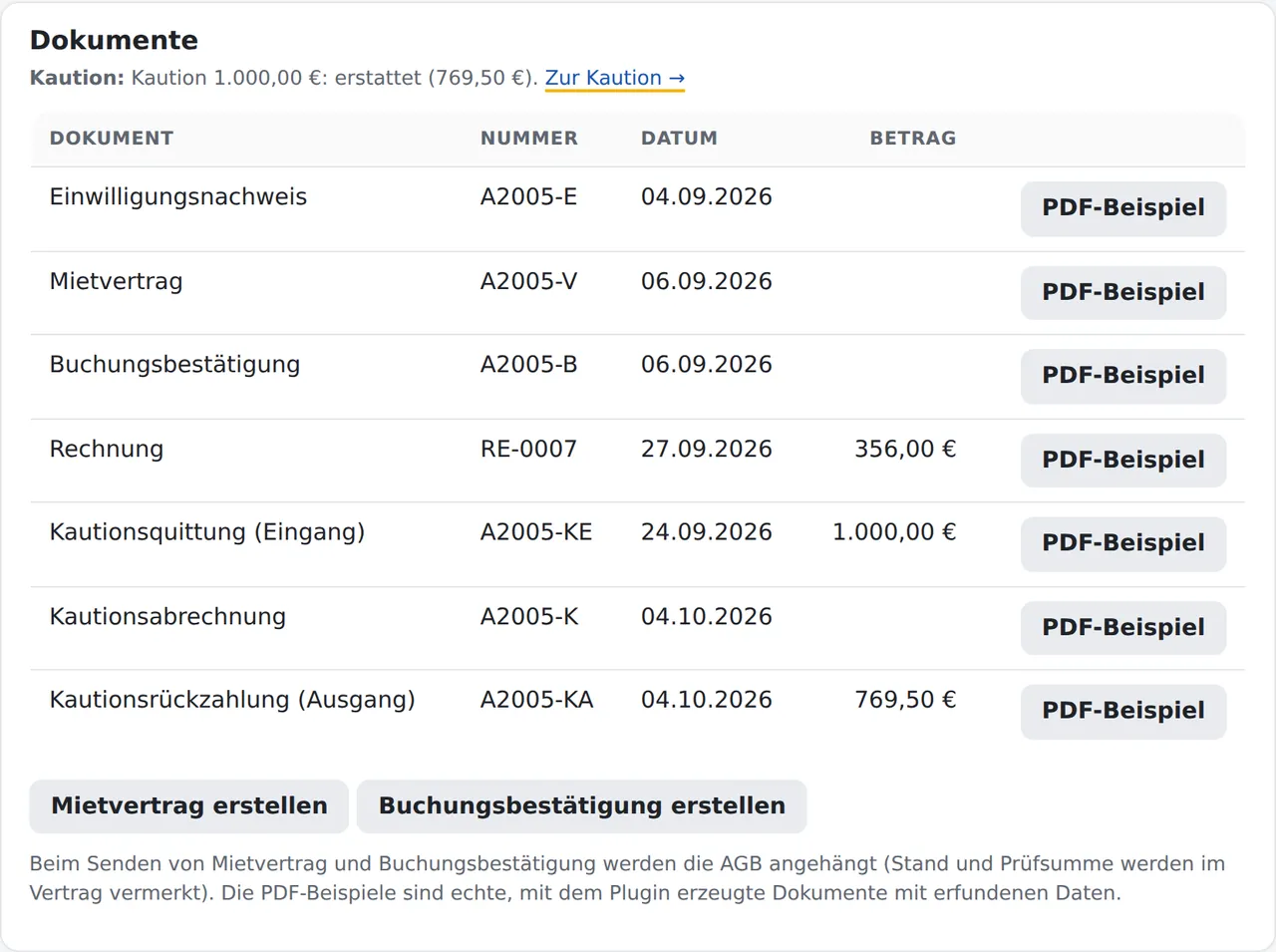 Dokumentenkasten einer Buchung: Vertrag, Bestätigung, Rechnung und die Kautionsbelege