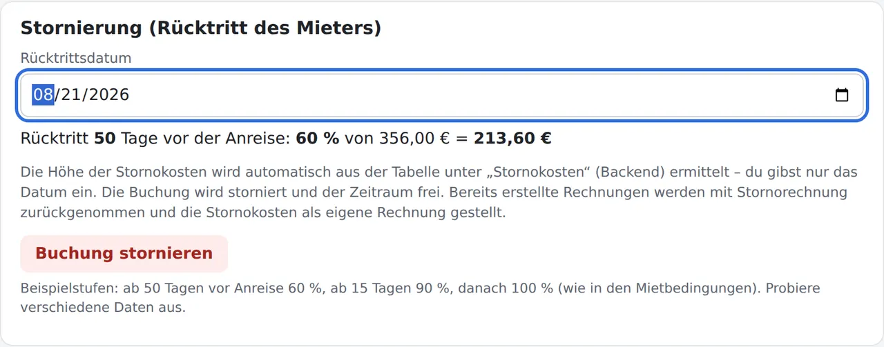 Stornierung: Datum eingeben – Prozentsatz und Betrag erscheinen sofort
