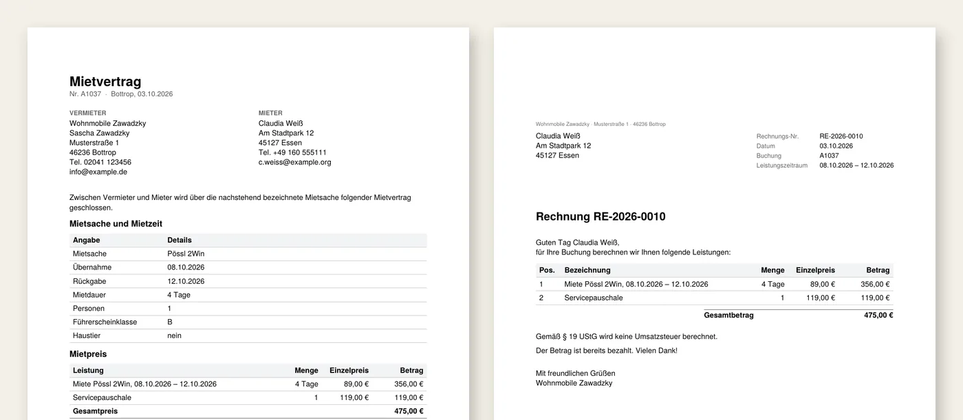 Mietvertrag und Rechnungen als PDF im Vermietungssystem