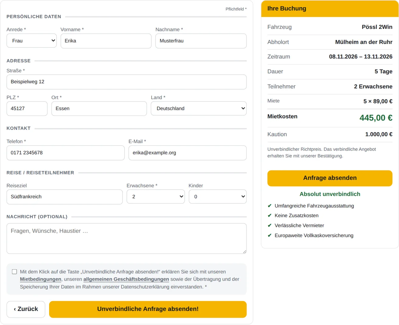Zusammenfassung mit Richtpreis und Anfrageformular