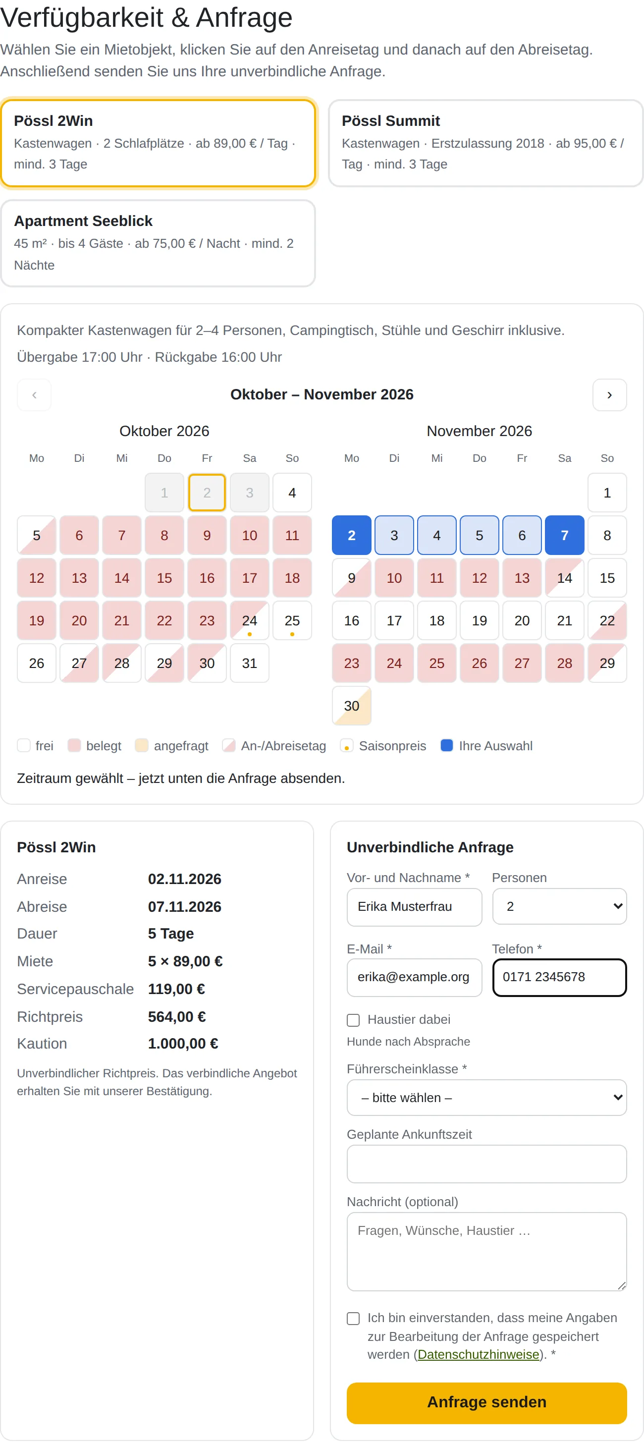 Mietobjekt-Auswahl, Kalender und Anfrageformular