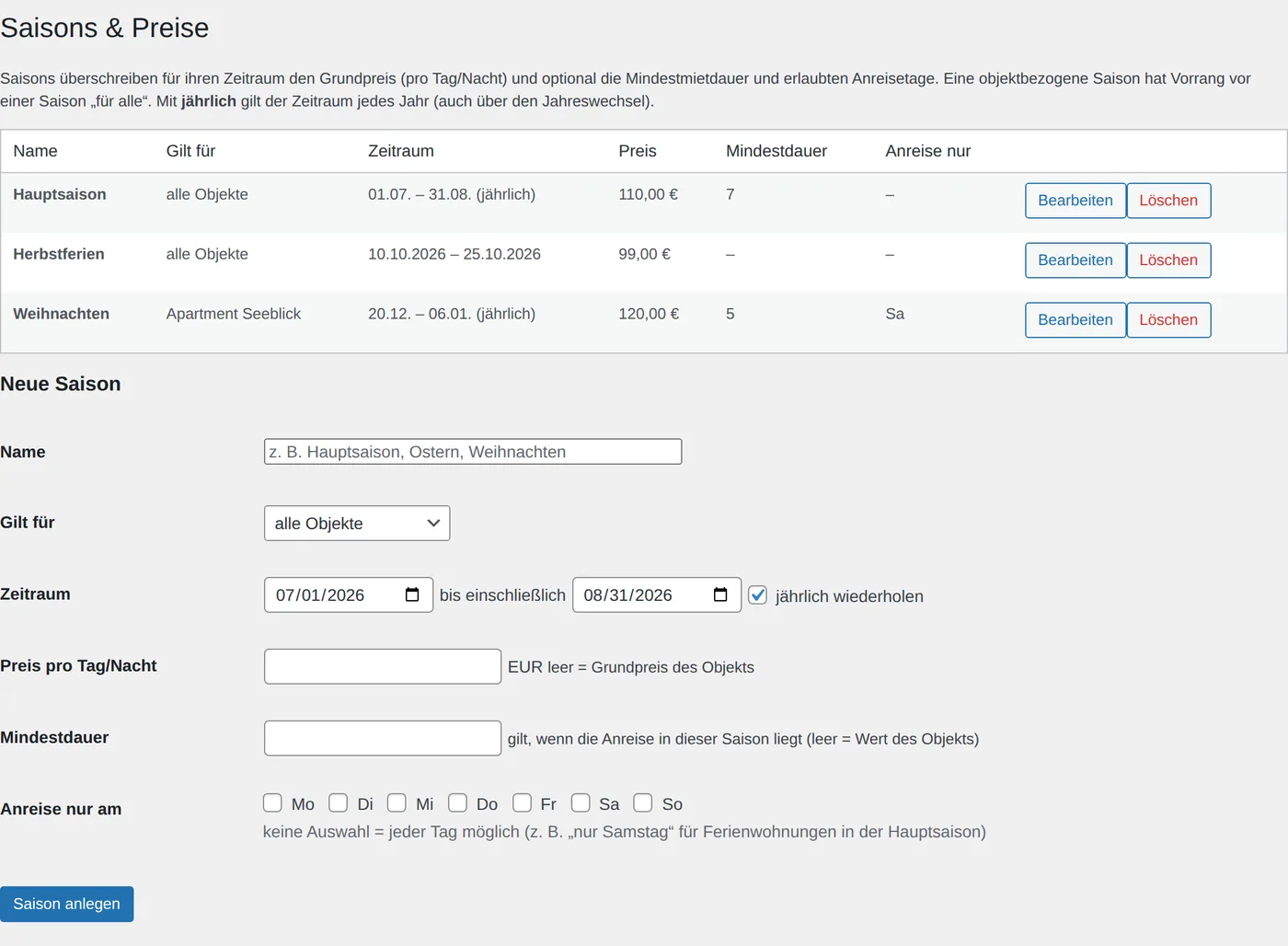 Saisons und Preise im Backend